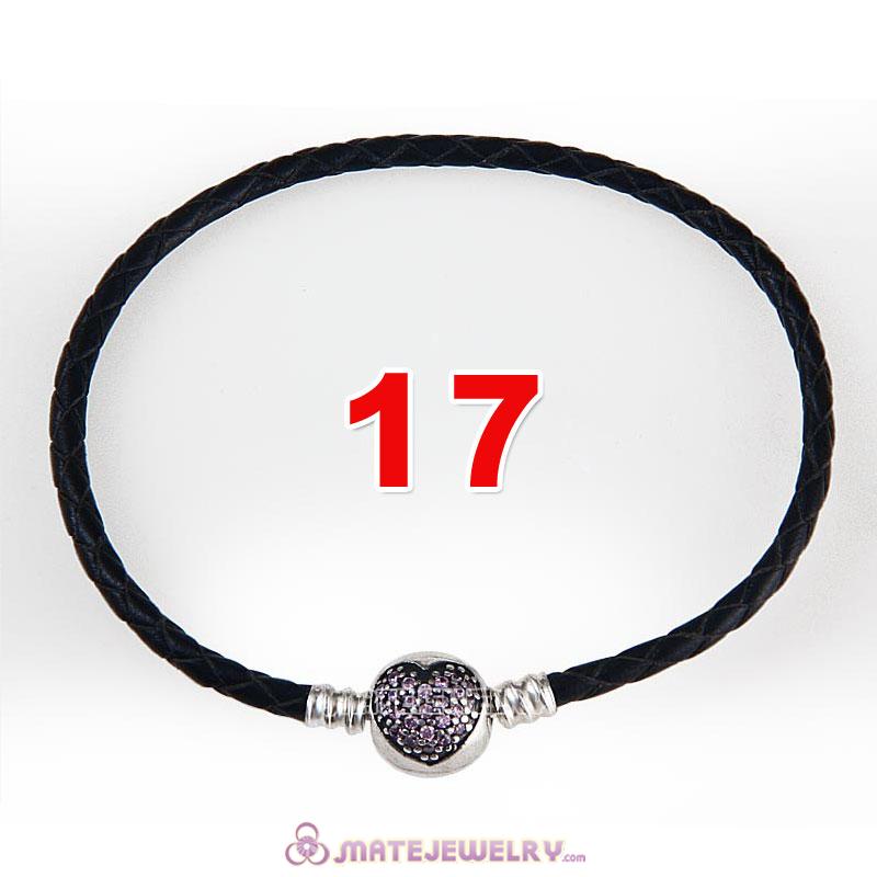 17cm Black Braided Leather Bracelet 925 Silver Love of My Life Round Clip with Heart Pink CZ Stone