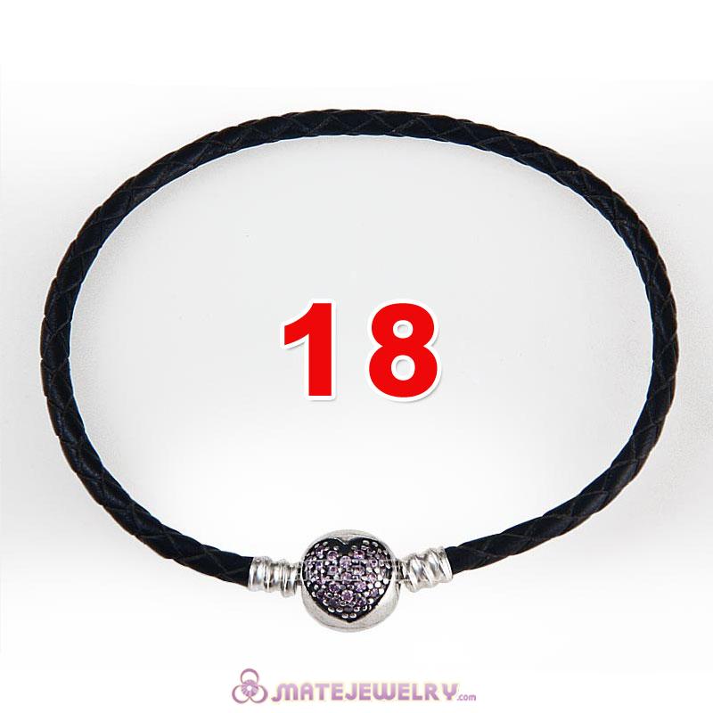 18cm Black Braided Leather Bracelet 925 Silver Love of My Life Round Clip with Heart Pink CZ Stone