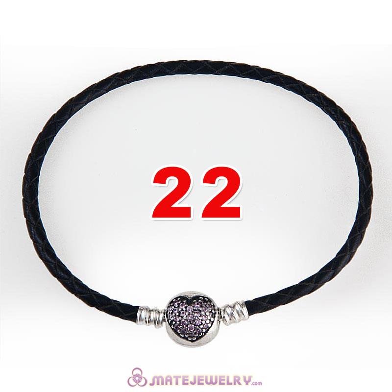 22cm Black Braided Leather Bracelet 925 Silver Love of My Life Round Clip with Heart Pink CZ Stone