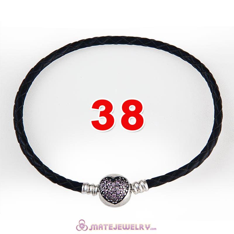 38cm Black Braided Leather Double Bracelet 925 Silver Love of My Life Clip with Heart Pink CZ Stone