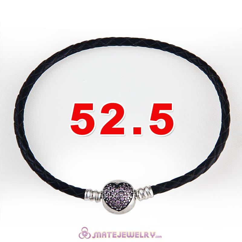 52.5cm Black Braided Leather Triple Bracelet Silver Love of My Life Clip with Heart Pink CZ Stone