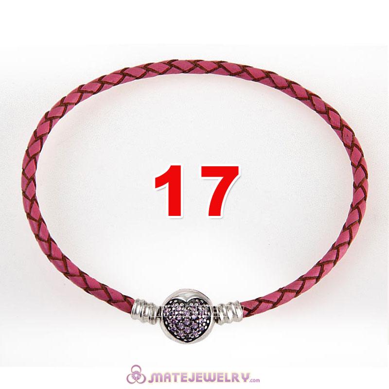 17cm Pink Braided Leather Bracelet 925 Silver Love of My Life Round Clip with Heart Pink CZ Stone