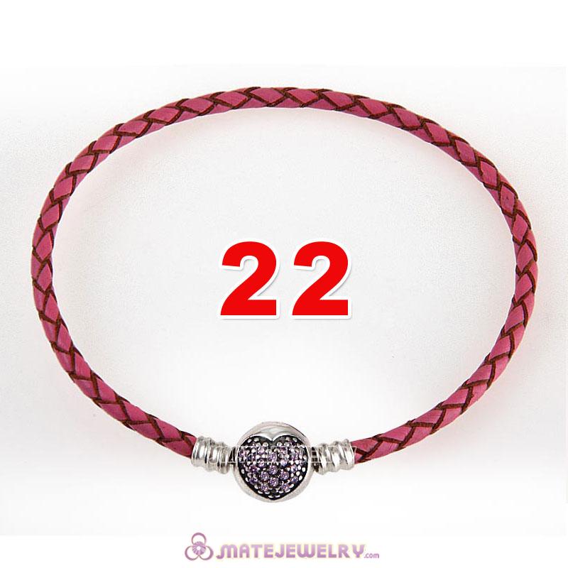 22cm Pink Braided Leather Bracelet 925 Silver Love of My Life Round Clip with Heart Pink CZ Stone