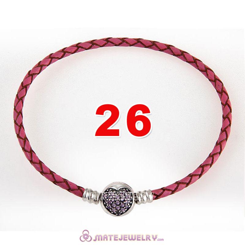 26cm Pink Braided Leather Bracelet 925 Silver Love of My Life Round Clip with Heart Pink CZ Stone