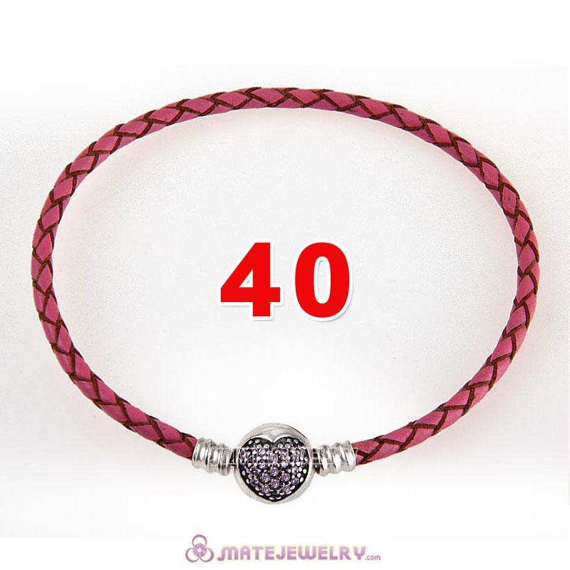 40cm Pink Braided Leather Double Bracelet 925 Silver Love of My Life Clip with Heart Pink CZ Stone