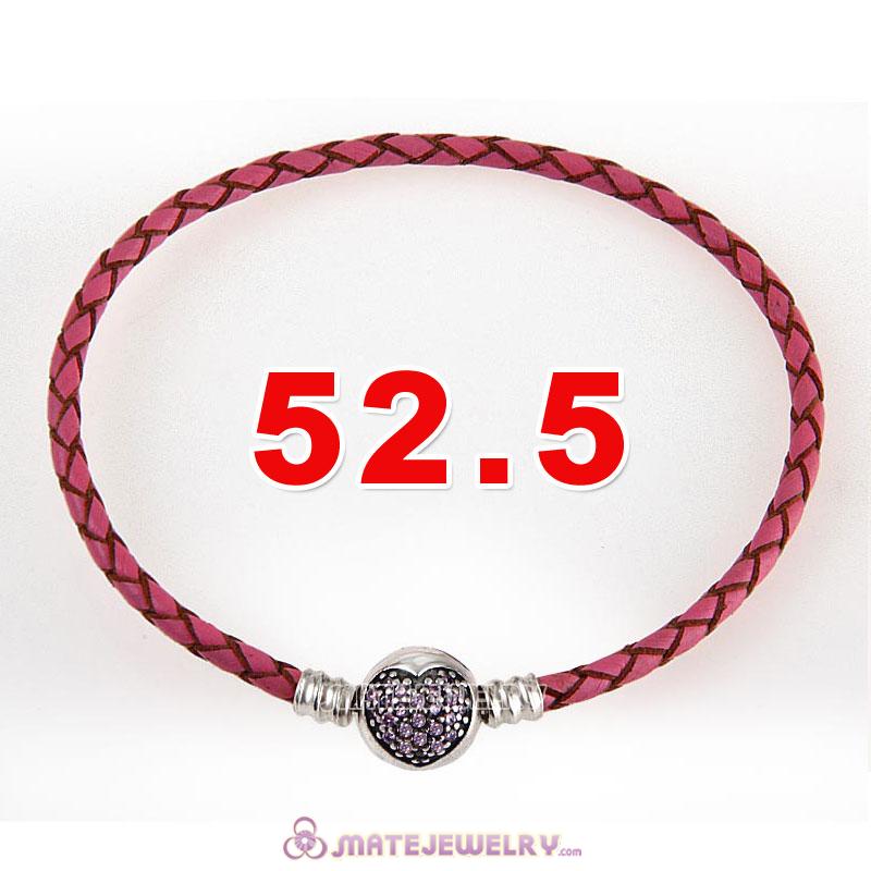 52.5cm Pink Braided Leather Triple Bracelet Silver Love of My Life Clip with Heart Pink CZ Stone