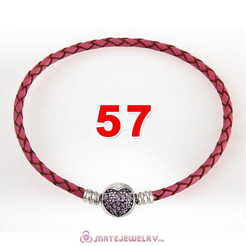 57cm Pink Braided Leather Triple Bracelet 925 Silver Love of My Life Clip with Heart Pink CZ Stone