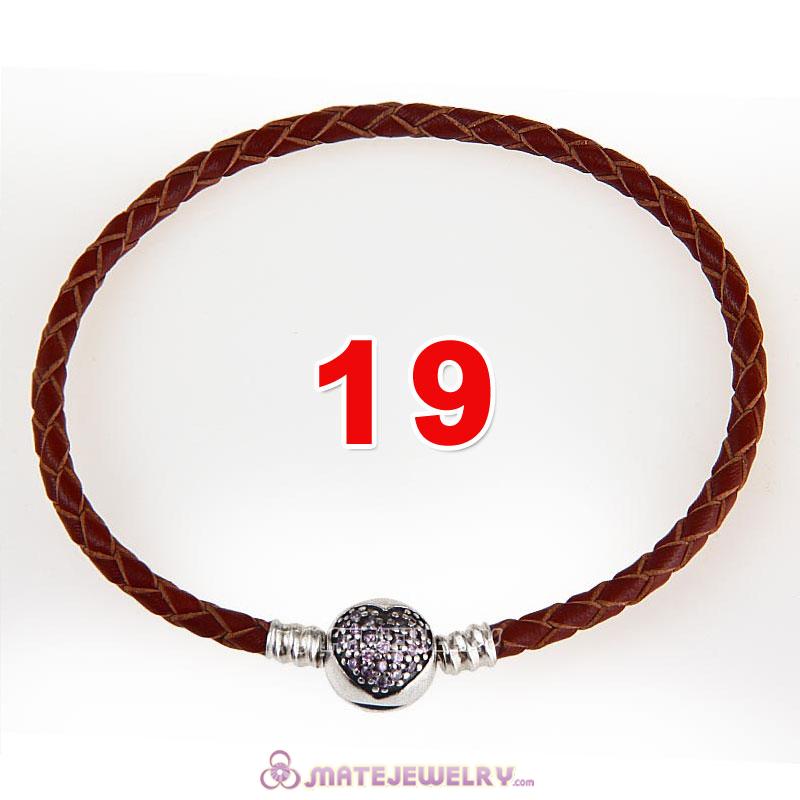 19cm Brown Braided Leather Bracelet 925 Silver Love of My Life Round Clip with Heart Pink CZ Stone