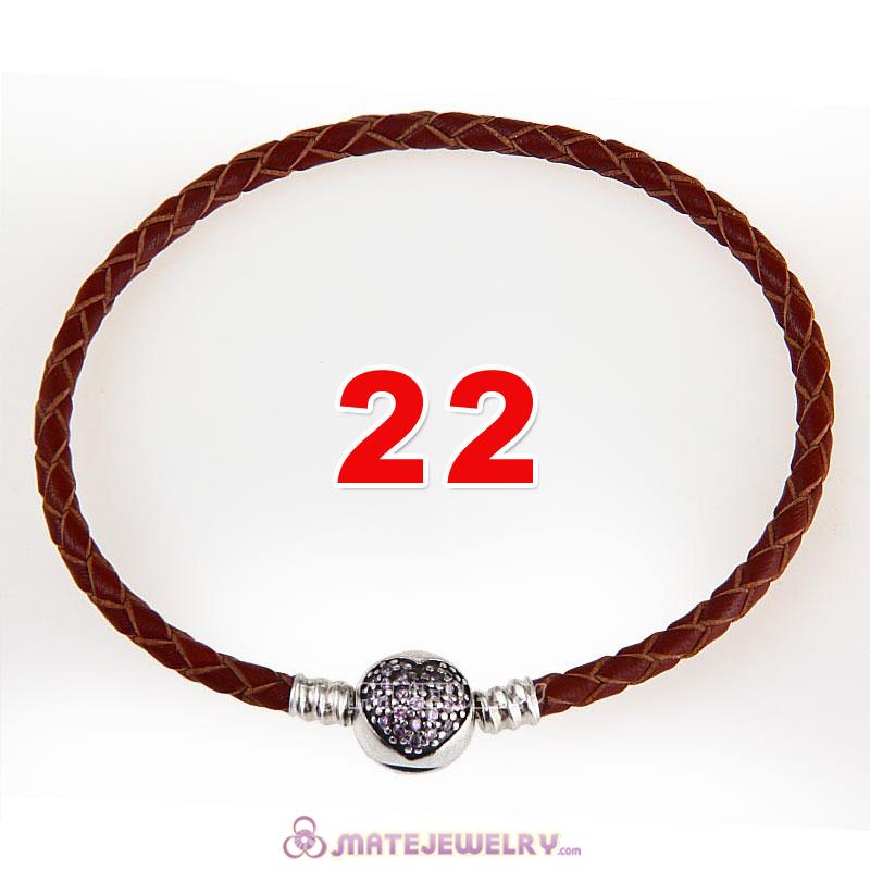 22cm Brown Braided Leather Bracelet 925 Silver Love of My Life Round Clip with Heart Pink CZ Stone