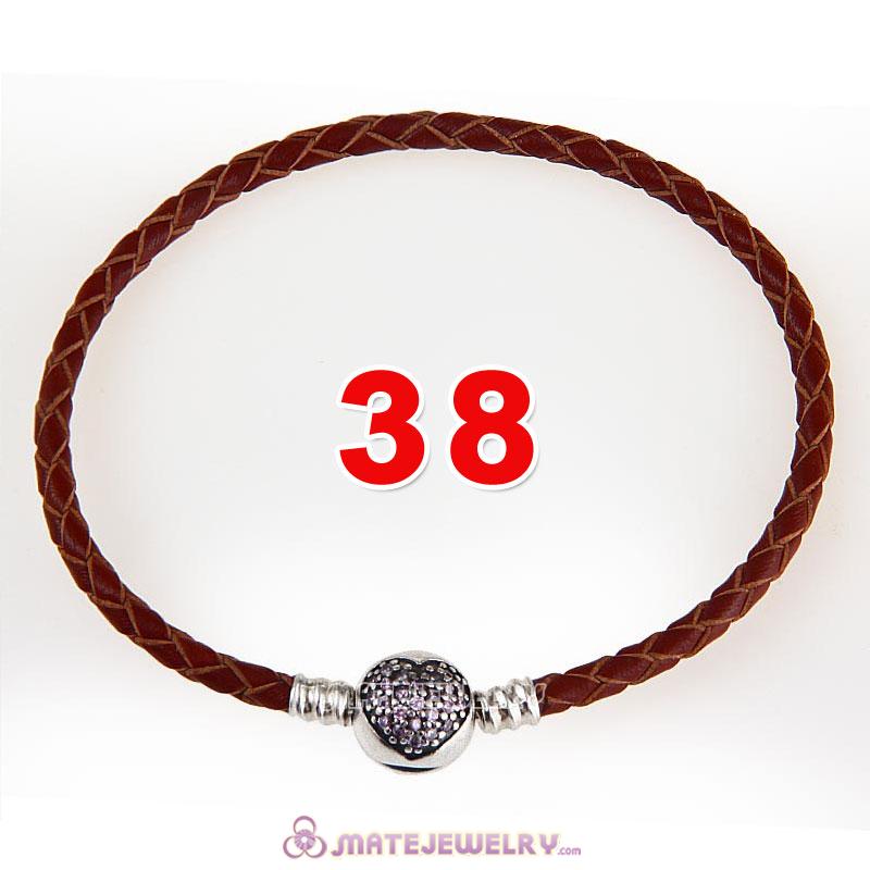 38cm Brown Braided Leather Double Bracelet 925 Silver Love of My Life Clip with Heart Pink CZ Stone