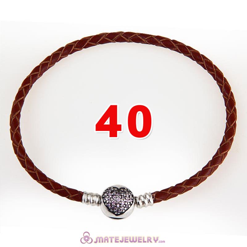 40cm Brown Braided Leather Double Bracelet 925 Silver Love of My Life Clip with Heart Pink CZ Stone
