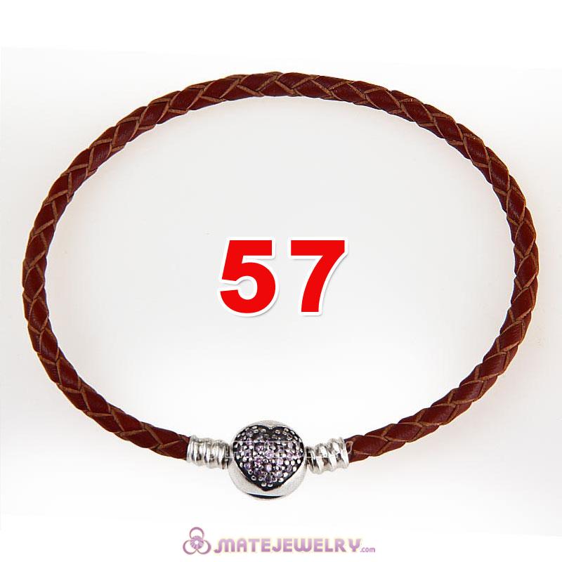 57cm Brown Braided Leather Triple Bracelet 925 Silver Love of My Life Clip with Heart Pink CZ Stone