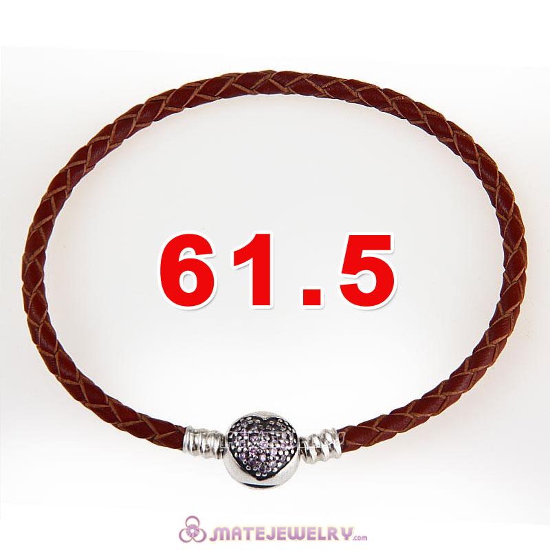 61.5cm Brown Braided Leather Triple Bracelet Silver Love of My Life Clip with Heart Pink CZ Stone