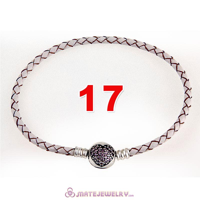 17cm White Braided Leather Bracelet 925 Silver Love of My Life Round Clip with Heart Pink CZ Stone