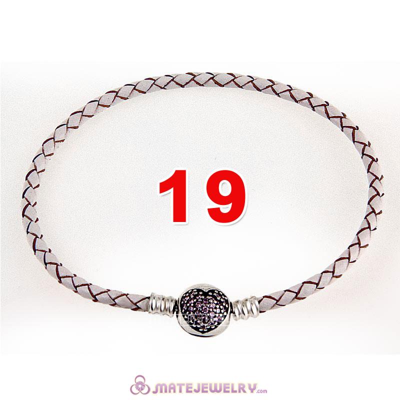 19cm White Braided Leather Bracelet 925 Silver Love of My Life Round Clip with Heart Pink CZ Stone