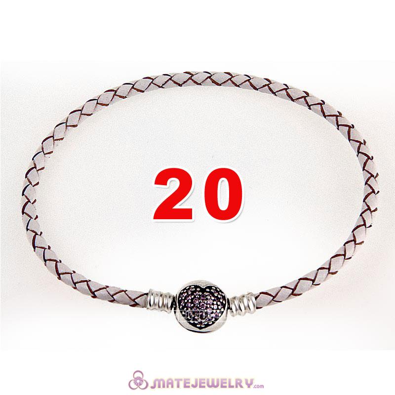 20cm White Braided Leather Bracelet 925 Silver Love of My Life Round Clip with Heart Pink CZ Stone