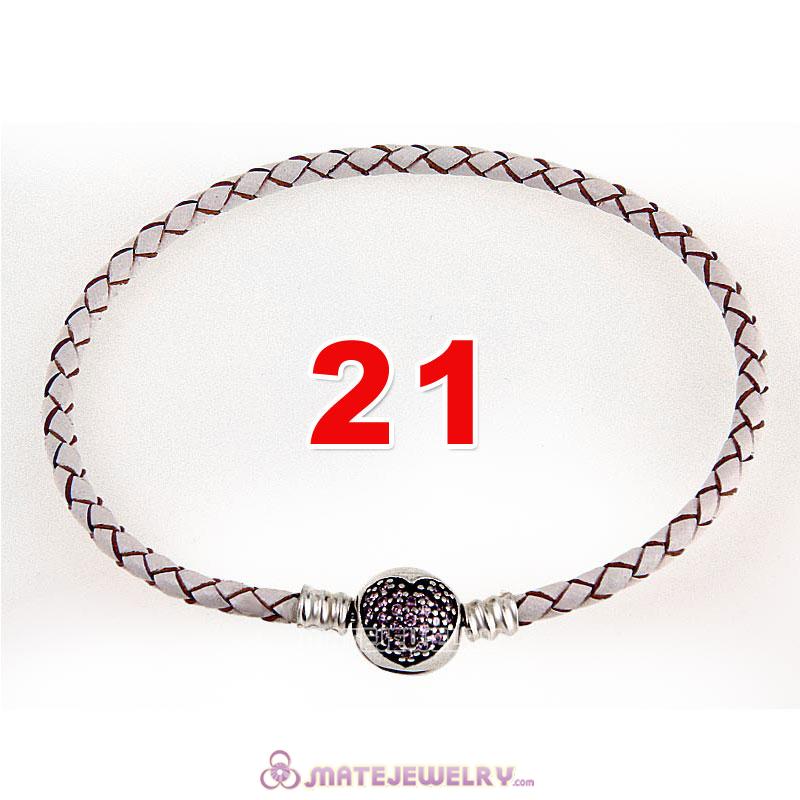 21cm White Braided Leather Bracelet 925 Silver Love of My Life Round Clip with Heart Pink CZ Stone