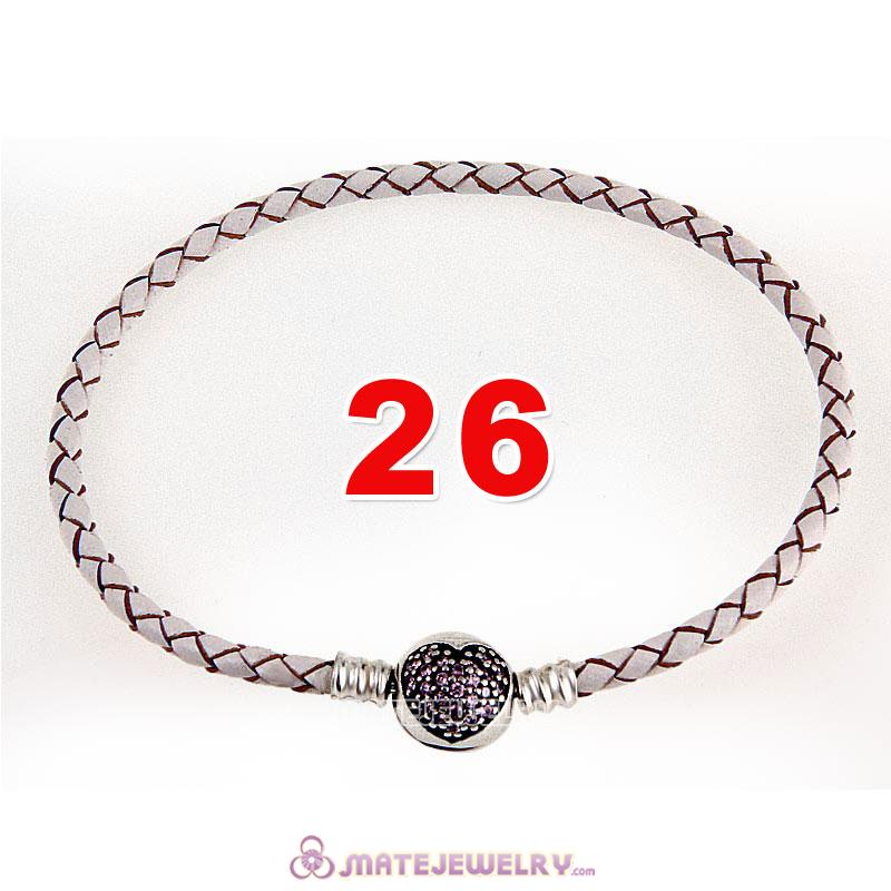 26cm White Braided Leather Bracelet 925 Silver Love of My Life Round Clip with Heart Pink CZ Stone