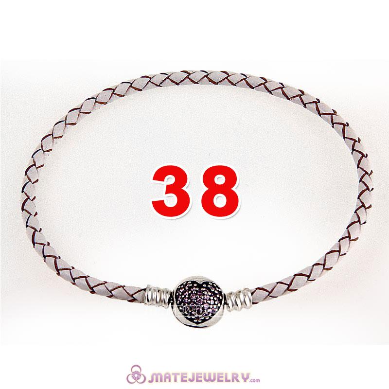 38cm White Braided Leather Double Bracelet 925 Silver Love of My Life Clip with Heart Pink CZ Stone