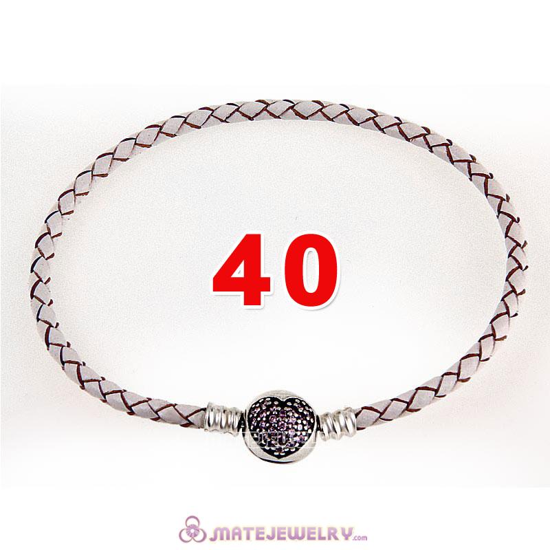 40cm White Braided Leather Double Bracelet 925 Silver Love of My Life Clip with Heart Pink CZ Stone