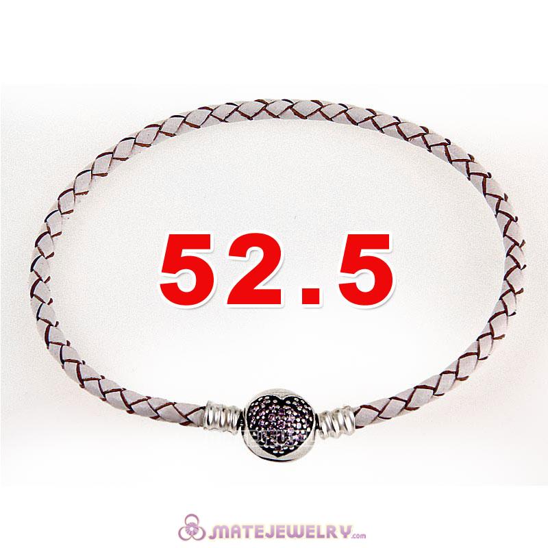 52.5cm White Braided Leather Triple Bracelet Silver Love of My Life Clip with Heart Pink CZ Stone