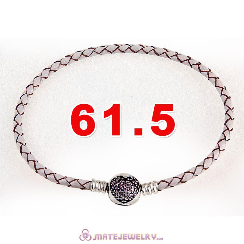 61.5cm White Braided Leather Triple Bracelet Silver Love of My Life Clip with Heart Pink CZ Stone