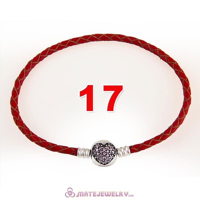 17cm Red Braided Leather Bracelet 925 Silver Love of My Life Round Clip with Heart Pink CZ Stone