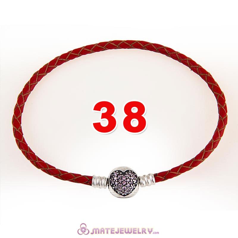 38cm Red Braided Leather Double Bracelet 925 Silver Love of My Life Clip with Heart Pink CZ Stone