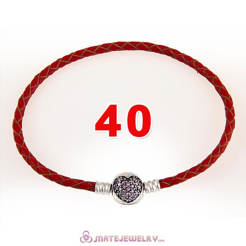 40cm Red Braided Leather Double Bracelet 925 Silver Love of My Life Clip with Heart Pink CZ Stone