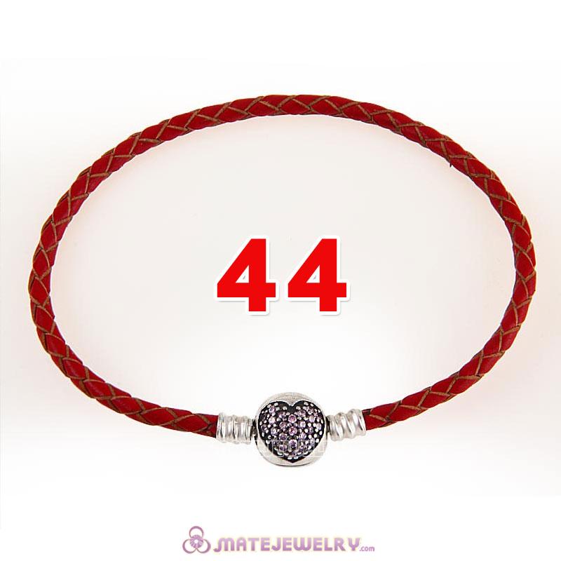 44cm Red Braided Leather Double Bracelet 925 Silver Love of My Life Clip with Heart Pink CZ Stone