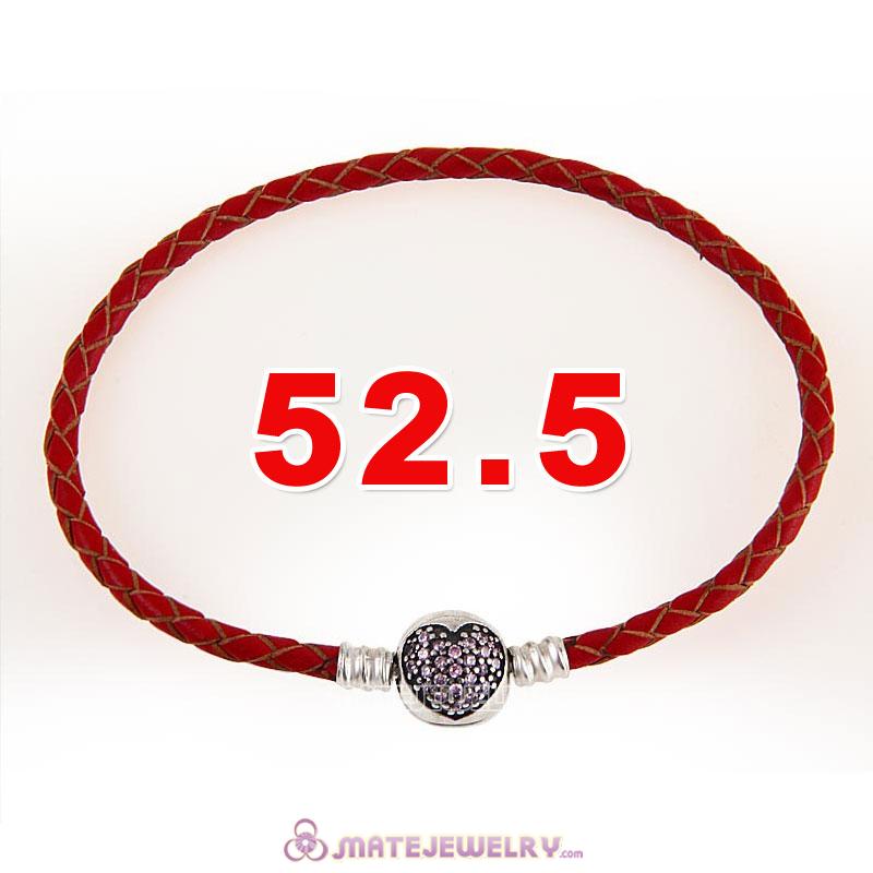 52.5cm Red Braided Leather Triple Bracelet Silver Love of My Life Clip with Heart Pink CZ Stone