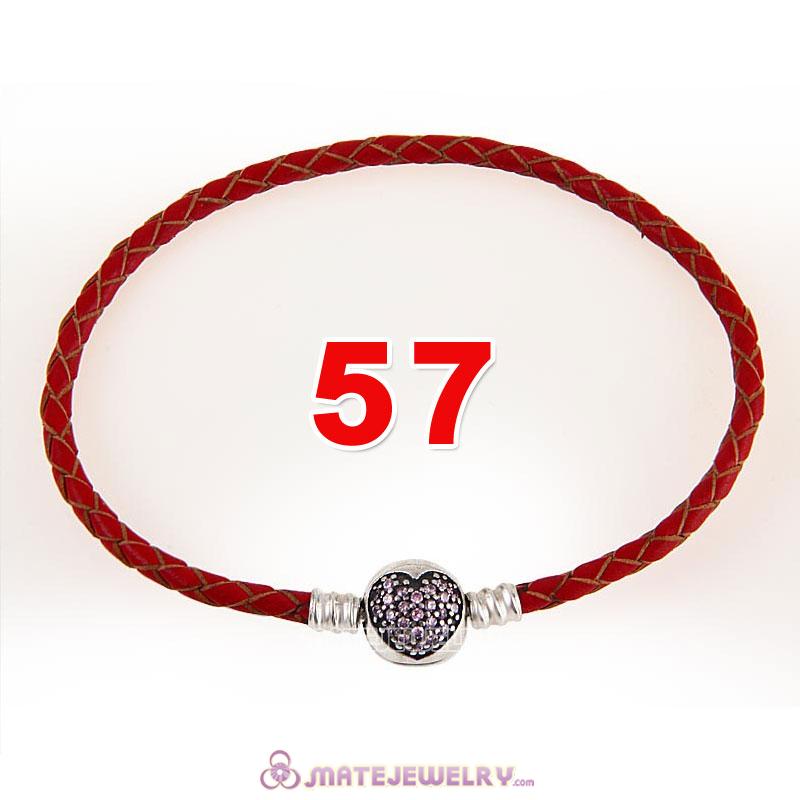 57cm Red Braided Leather Triple Bracelet Silver Love of My Life Clip with Heart Pink CZ Stone