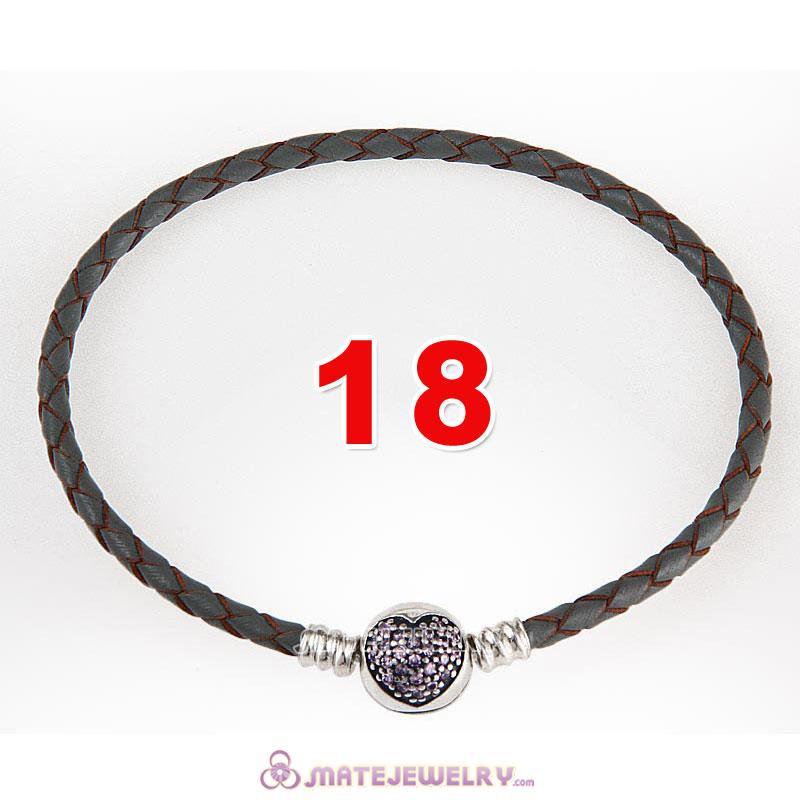 18cm Gray Braided Leather Bracelet 925 Silver Love of My Life Round Clip with Heart Pink CZ Stone
