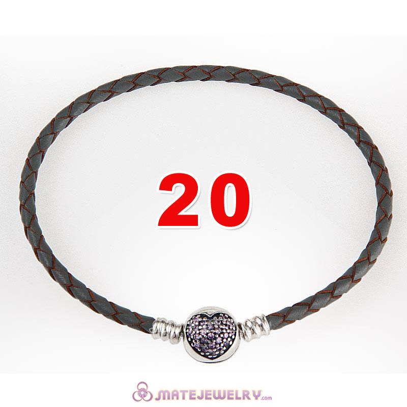 20cm Gray Braided Leather Bracelet 925 Silver Love of My Life Round Clip with Heart Pink CZ Stone