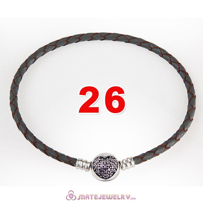 26cm Gray Braided Leather Bracelet 925 Silver Love of My Life Round Clip with Heart Pink CZ Stone