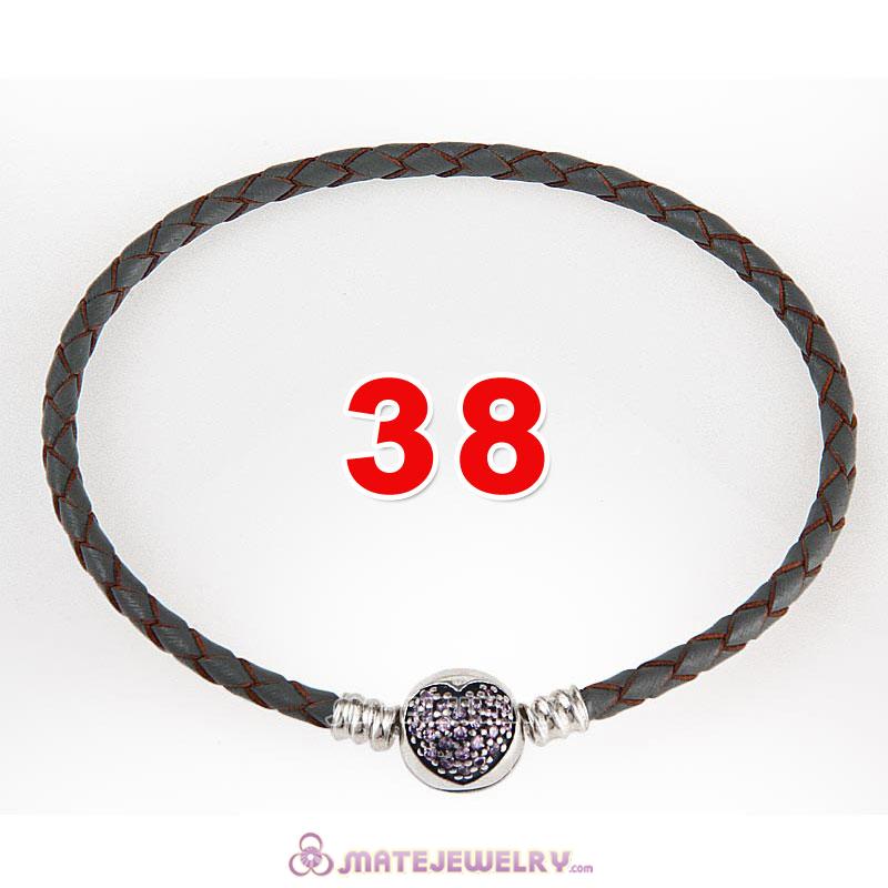 38cm Gray Braided Leather Double Bracelet 925 Silver Love of My Life Clip with Heart Pink CZ Stone