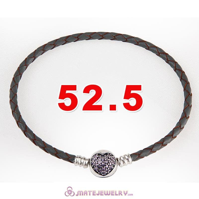 52.5cm Gray Braided Leather Triple Bracelet Silver Love of My Life Clip with Heart Pink CZ Stone