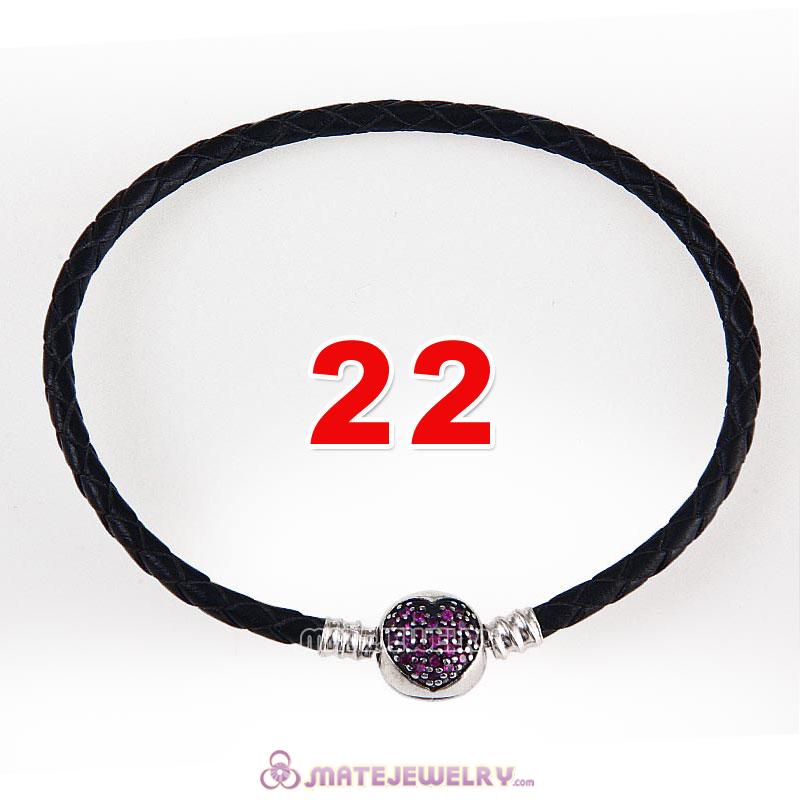 22cm Black Braided Leather Bracelet 925 Silver Love of My Life Round Clip with Heart Red CZ Stone