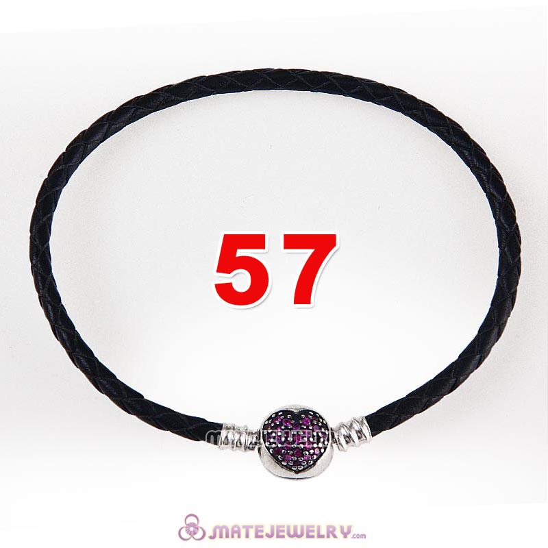 57cm Black Braided Leather Triple Bracelet Silver Love of My Life Clip with Heart Red CZ Stone