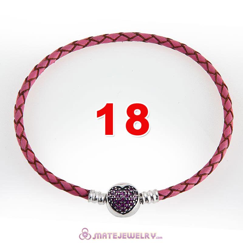 18cm Pink Braided Leather Bracelet 925 Silver Love of My Life Round Clip with Heart Red CZ Stone