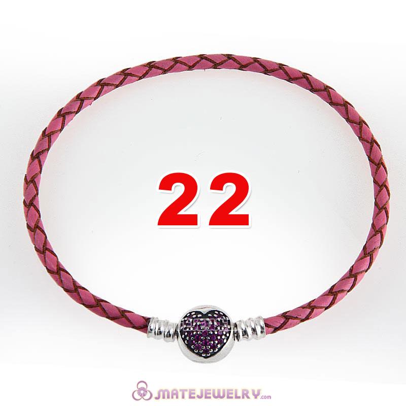 22cm Pink Braided Leather Bracelet 925 Silver Love of My Life Round Clip with Heart Red CZ Stone