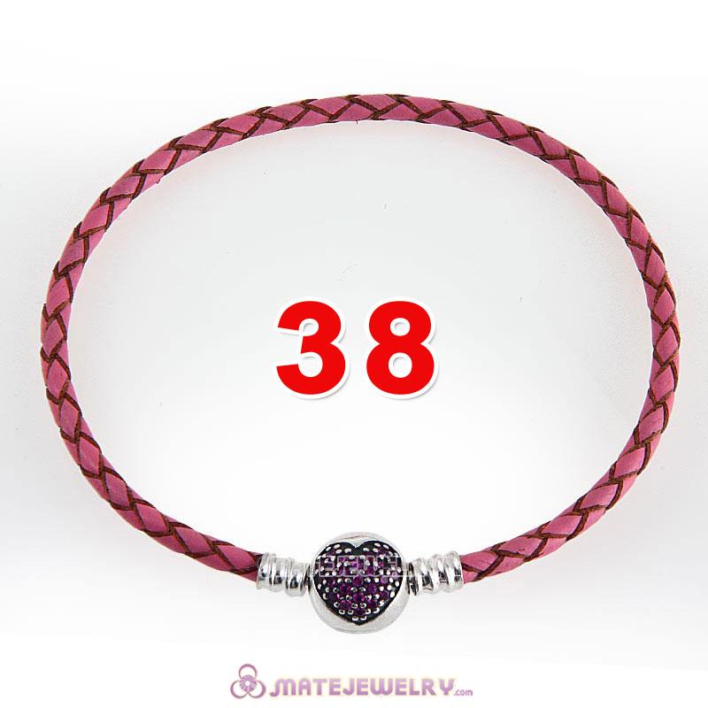 38cm Pink Braided Leather Double Bracelet 925 Silver Love of My Life Clip with Heart Red CZ Stone