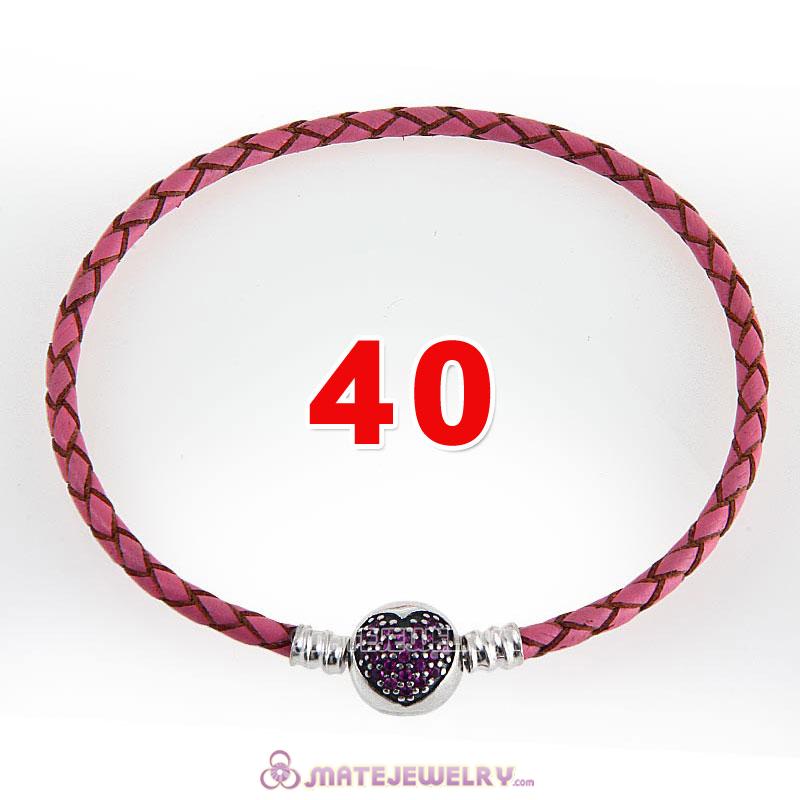 40cm Pink Braided Leather Double Bracelet 925 Silver Love of My Life Clip with Heart Red CZ Stone