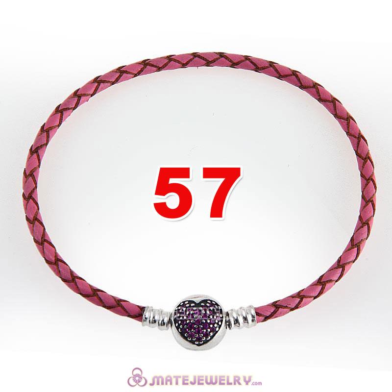 57cm Pink Braided Leather Triple Bracelet 925 Silver Love of My Life Clip with Heart Red CZ Stone