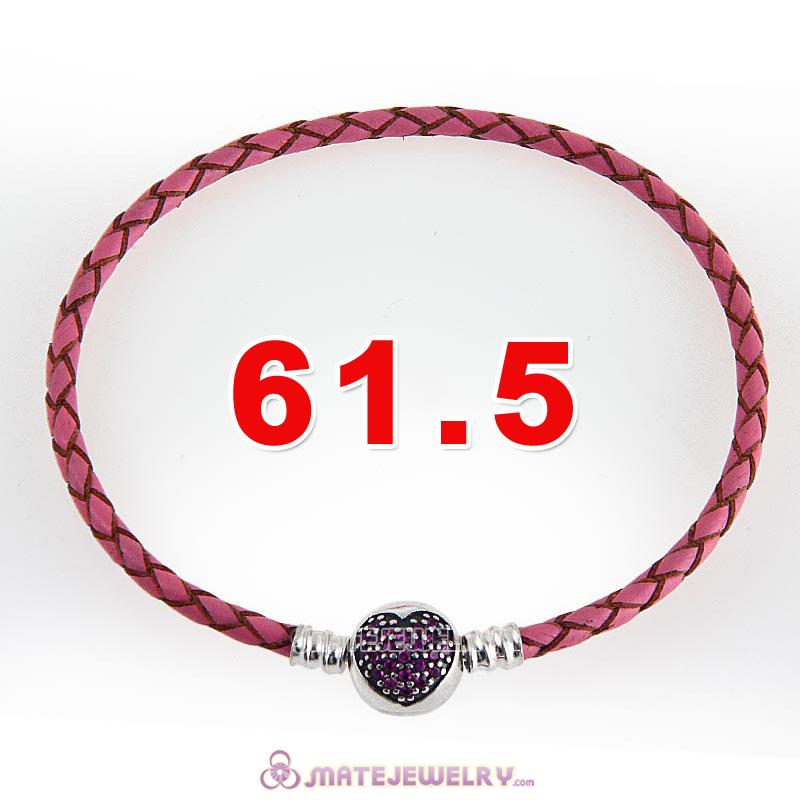 61.5cm Pink Braided Leather Triple Bracelet Silver Love of My Life Clip with Heart Red CZ Stone
