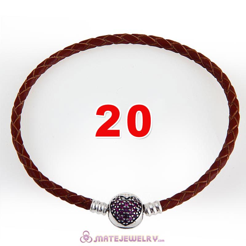 20cm Brown Braided Leather Bracelet 925 Silver Love of My Life Round Clip with Heart Red CZ Stone