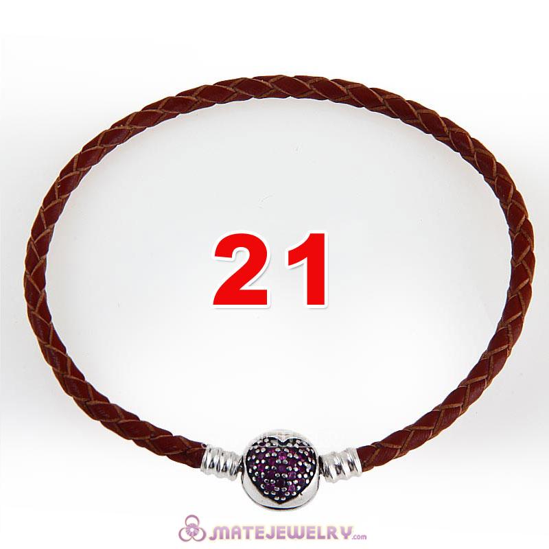 21cm Brown Braided Leather Bracelet 925 Silver Love of My Life Round Clip with Heart Red CZ Stone