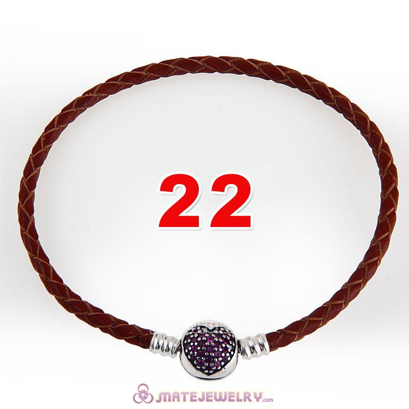 22cm Brown Braided Leather Bracelet 925 Silver Love of My Life Round Clip with Heart Red CZ Stone