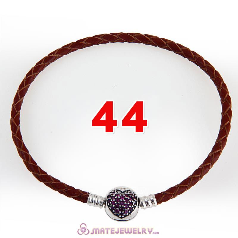 44cm Brown Braided Leather Double Bracelet 925 Silver Love of My Life Clip with Heart Red CZ Stone