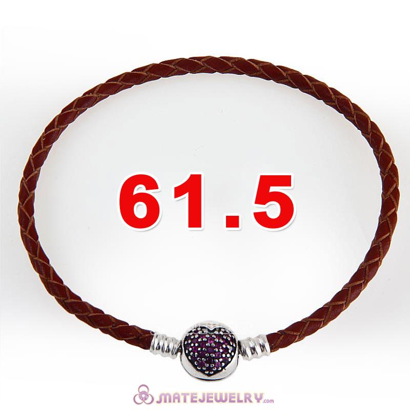61.5cm Brown Braided Leather Triple Bracelet Silver Love of My Life Clip with Heart Red CZ Stone